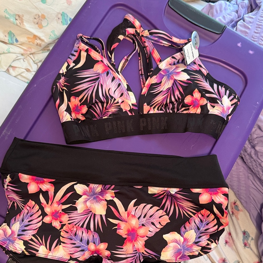 PINK Victoria's Secret Black and Pink Floral Bikini